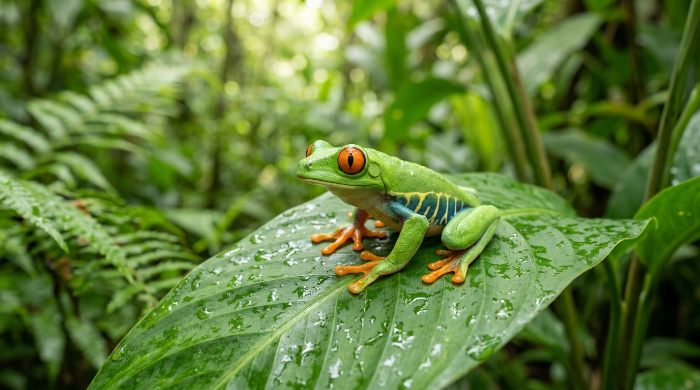 A healthy live frog sitting on a green leaf